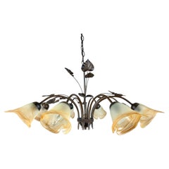 Floral Motif Eight Glass Lampshades Chandelier by Massive