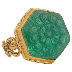 Floral Motif Natural Carved Emerald and 18 Karat Gold Statement Ring