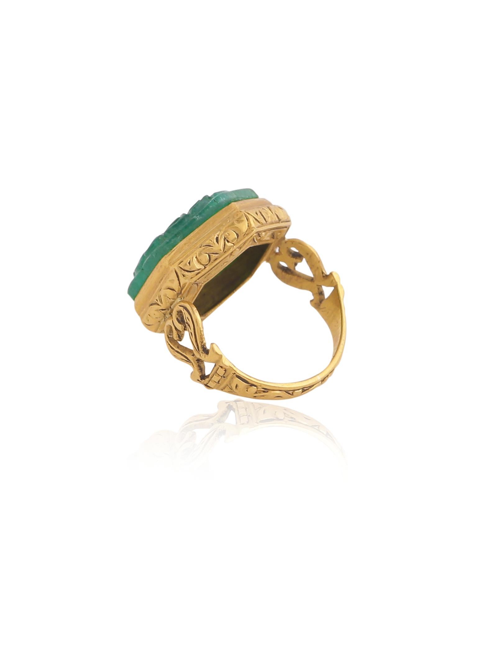 Art Deco Floral Motif Natural Carved Emerald and 18 Karat Gold Statement Ring