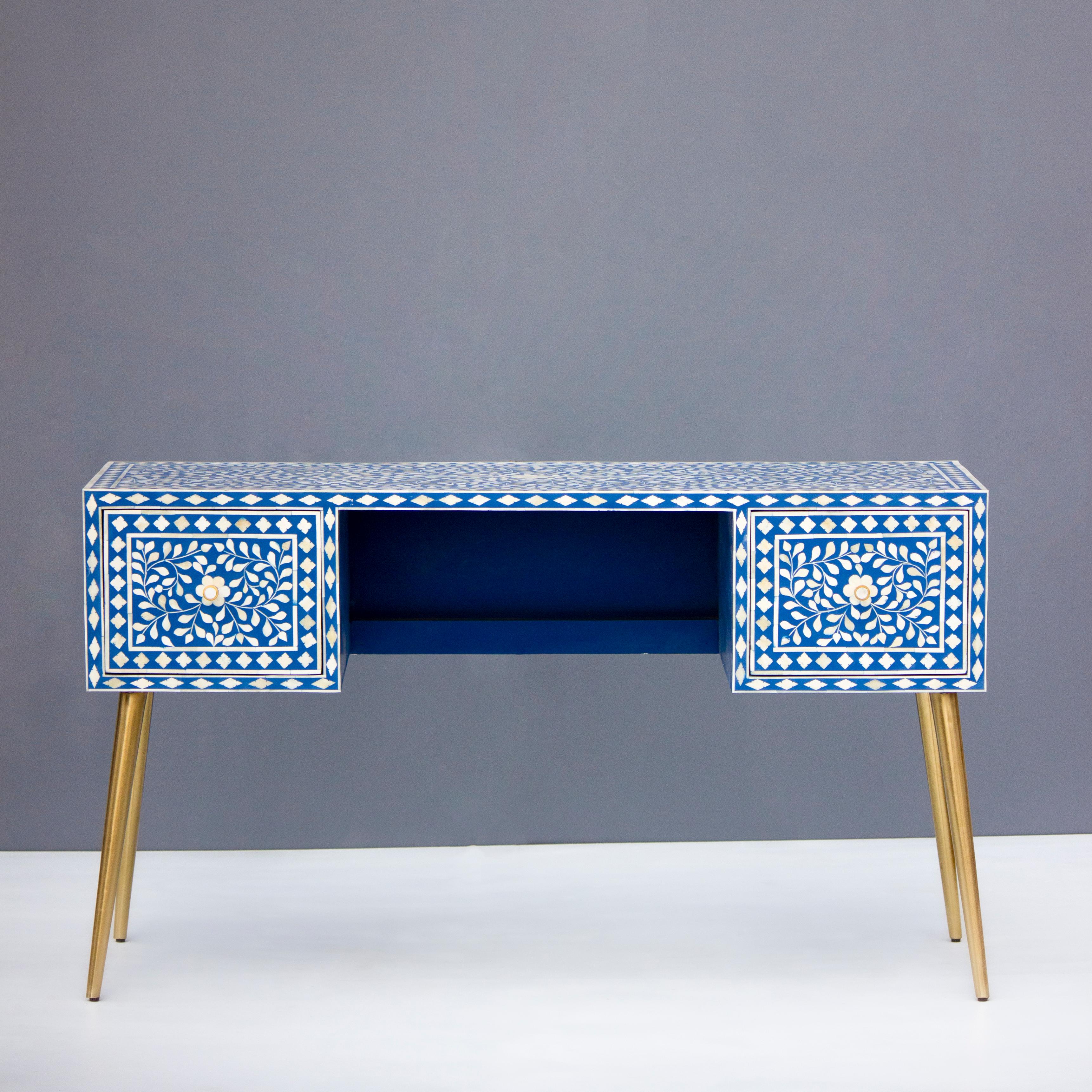 Escritorio Incrustación Motivo Floral Azul Marino, Hecho a Mano por Artisanal Indio en venta