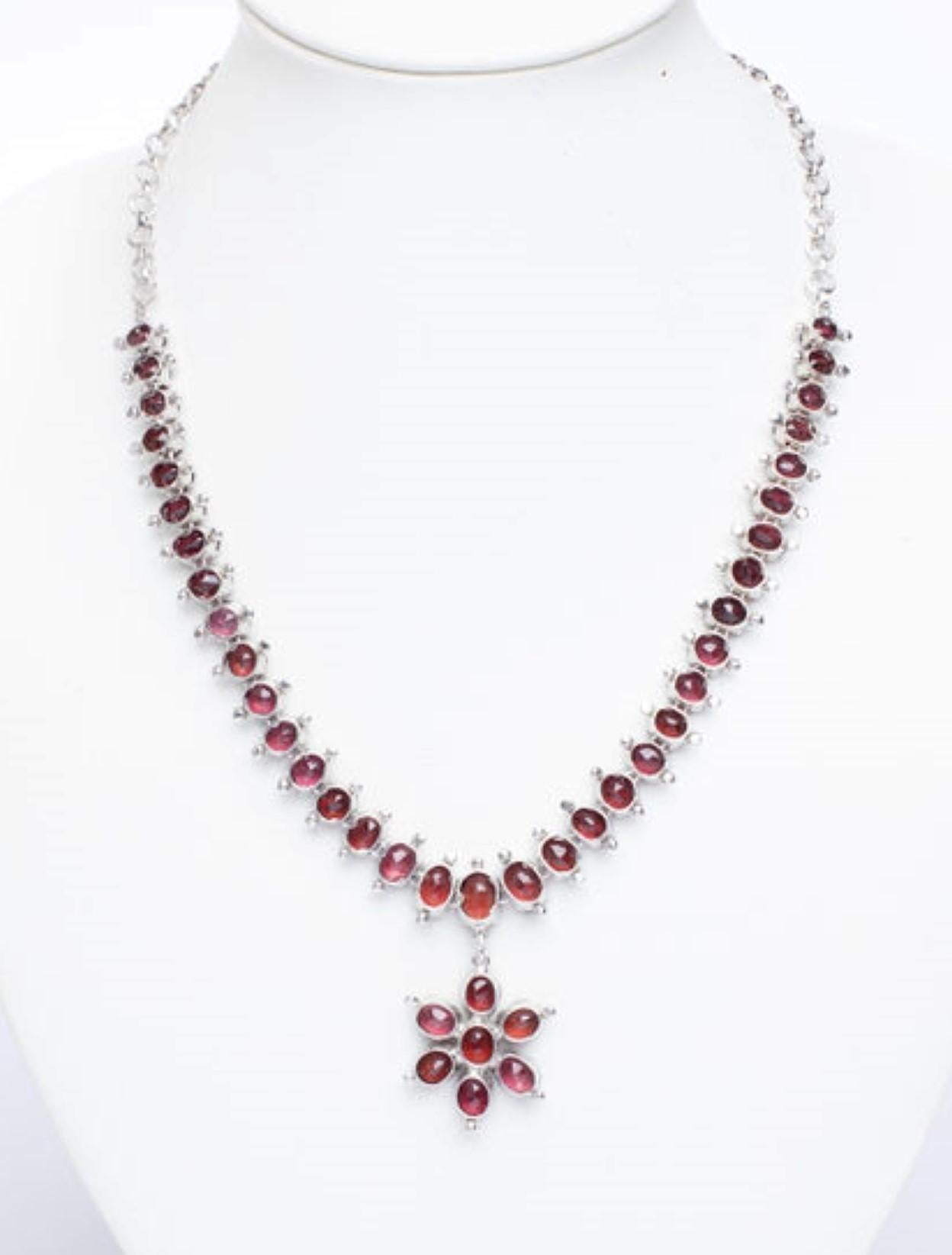 Women's 42ctw Floral Motif Oval Cut Garnet Platinum Sterling Silver Drop Necklace For Sale