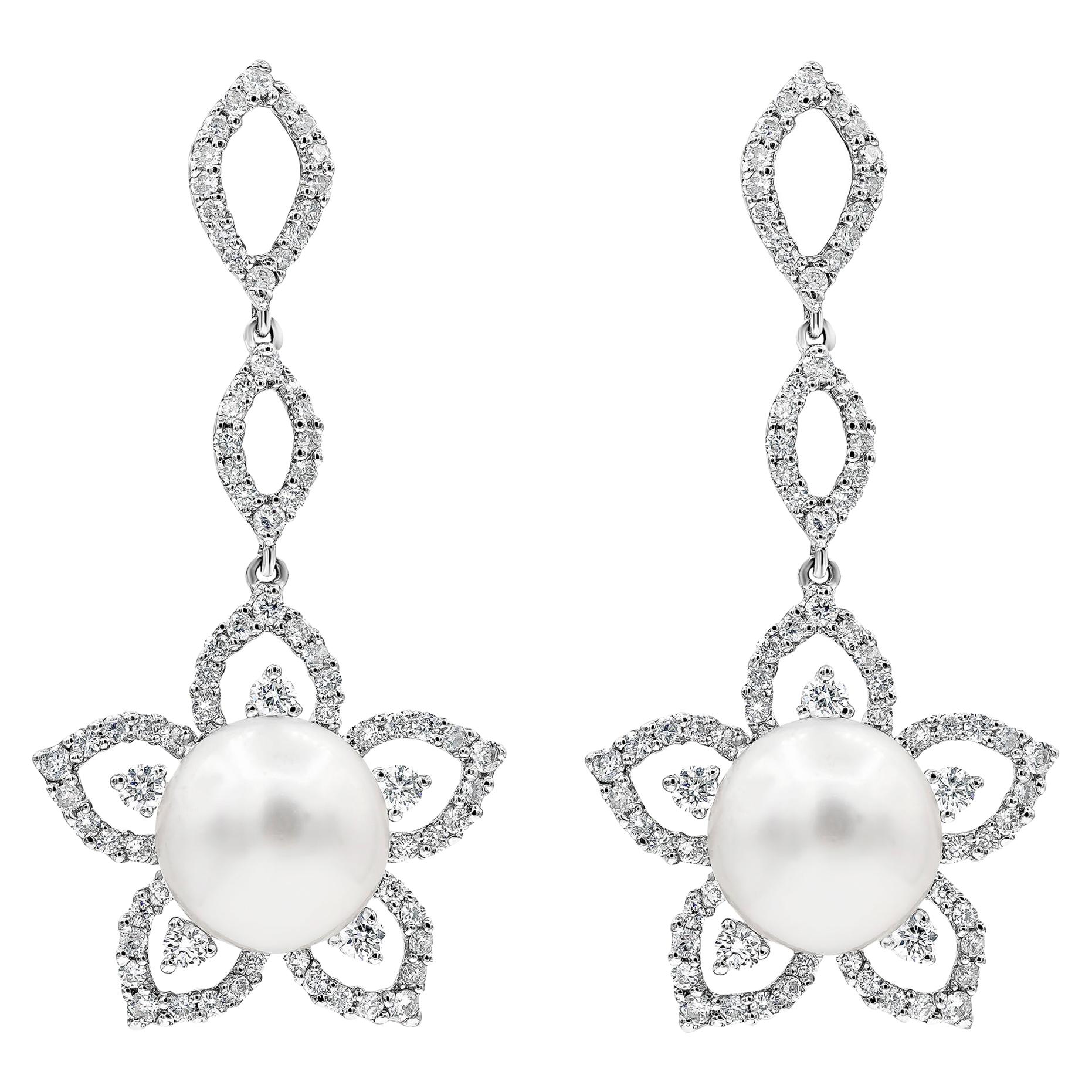 Roman Malakov 1.88 Carats Brilliant Round Diamonds with Pearl Floral Earrings For Sale
