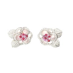 Floral Motif Rose Quartz, Diamond, Rhodolite and Pink Sapphire Clip-on Earrings