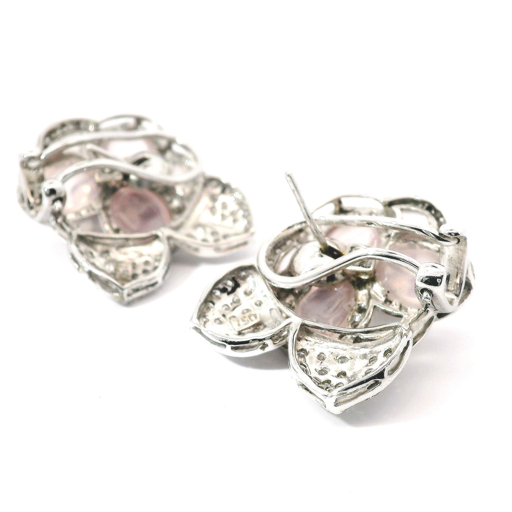 Contemporary Floral Motif Rose Quartz, Diamond, Rhodolite and Pink Sapphire Clip-on Earrings For Sale