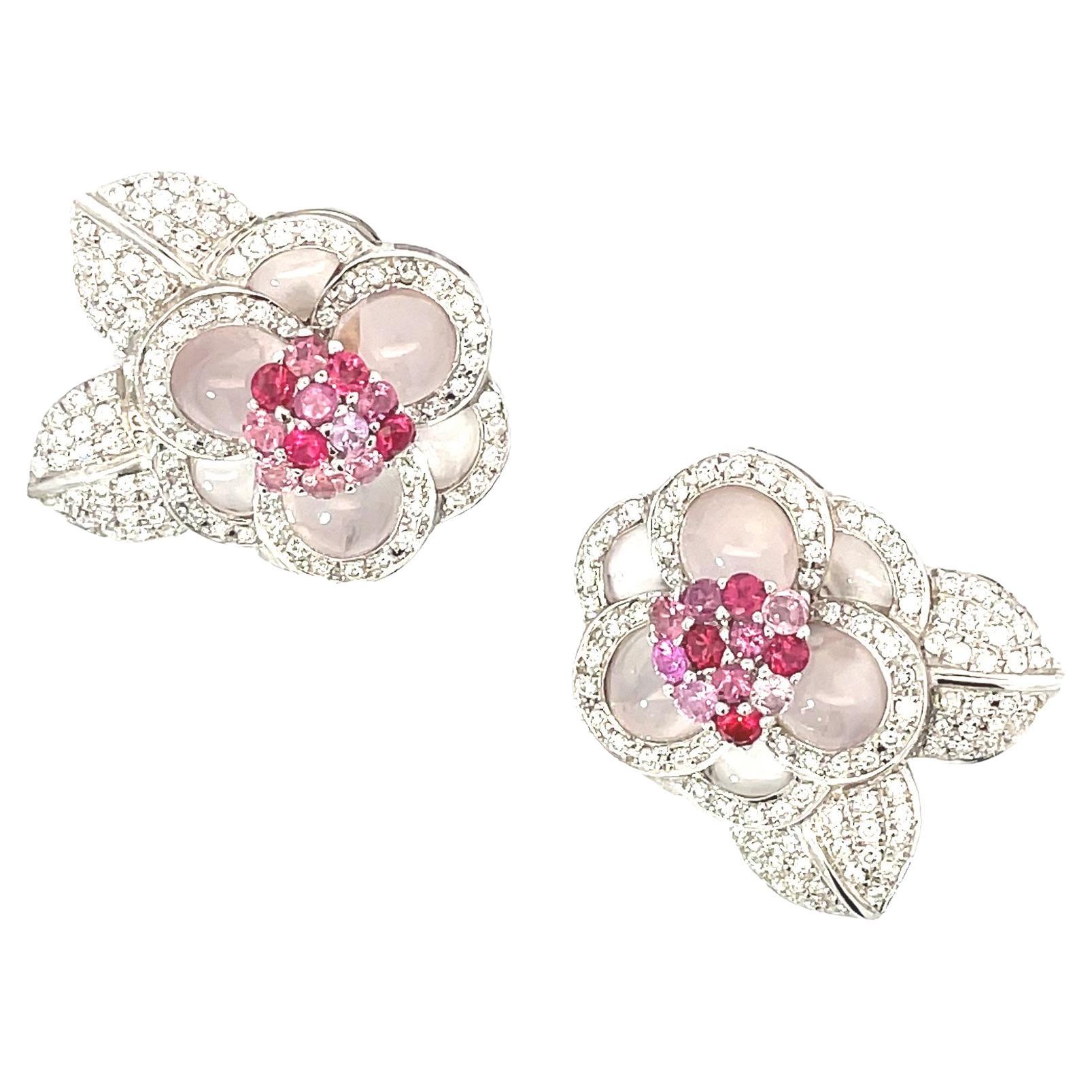 Floral Motif Rose Quartz, Diamond, Rhodolite and Pink Sapphire Clip-on Earrings For Sale