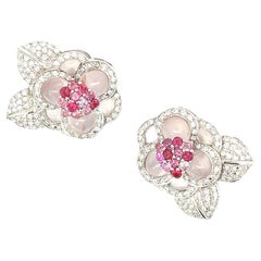 Floral Motif Rose Quartz, Diamond, Rhodolite and Pink Sapphire Clip-on Earrings