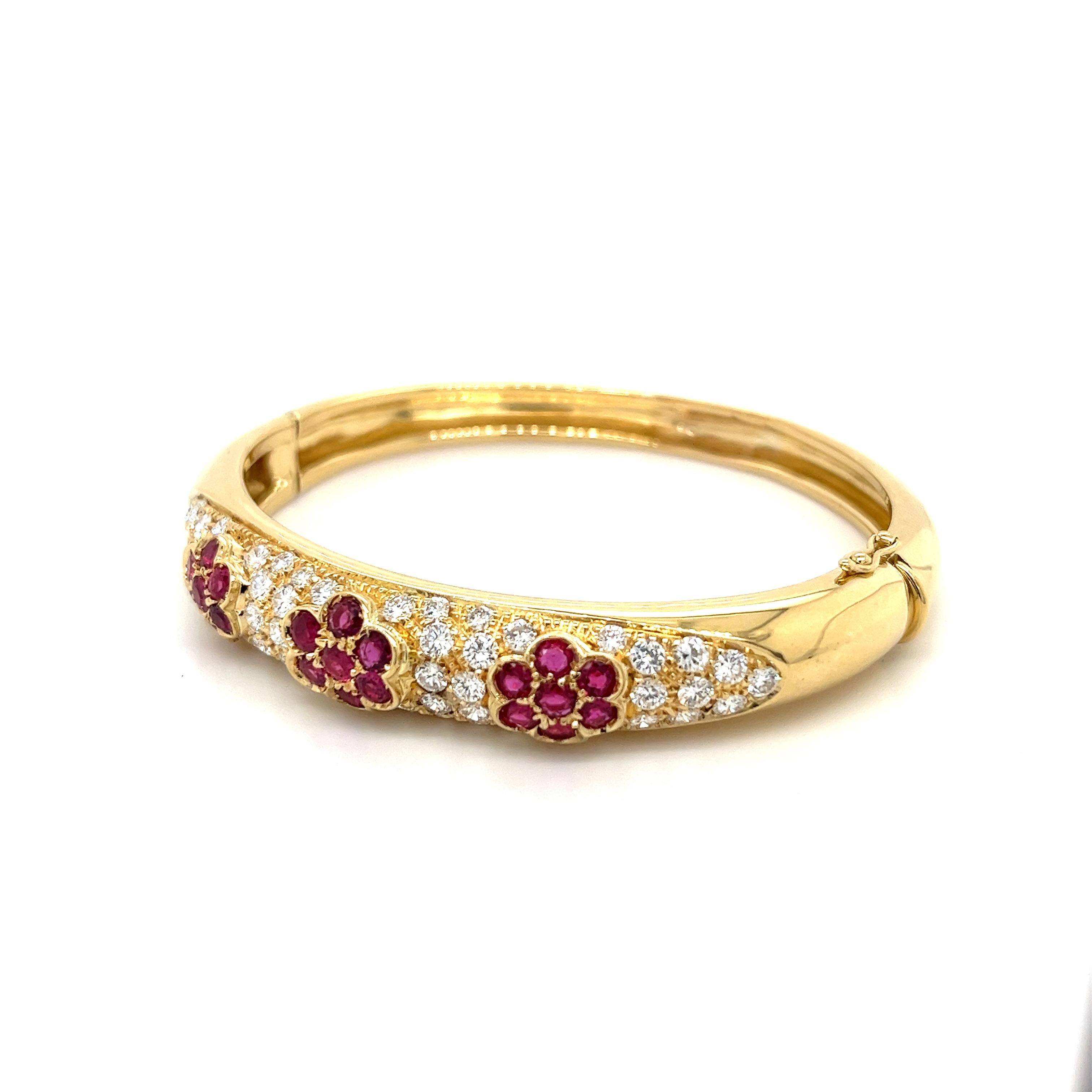 Art Deco Floral Motif Ruby and Diamond Cluster Bangle in 18K Yellow Gold For Sale