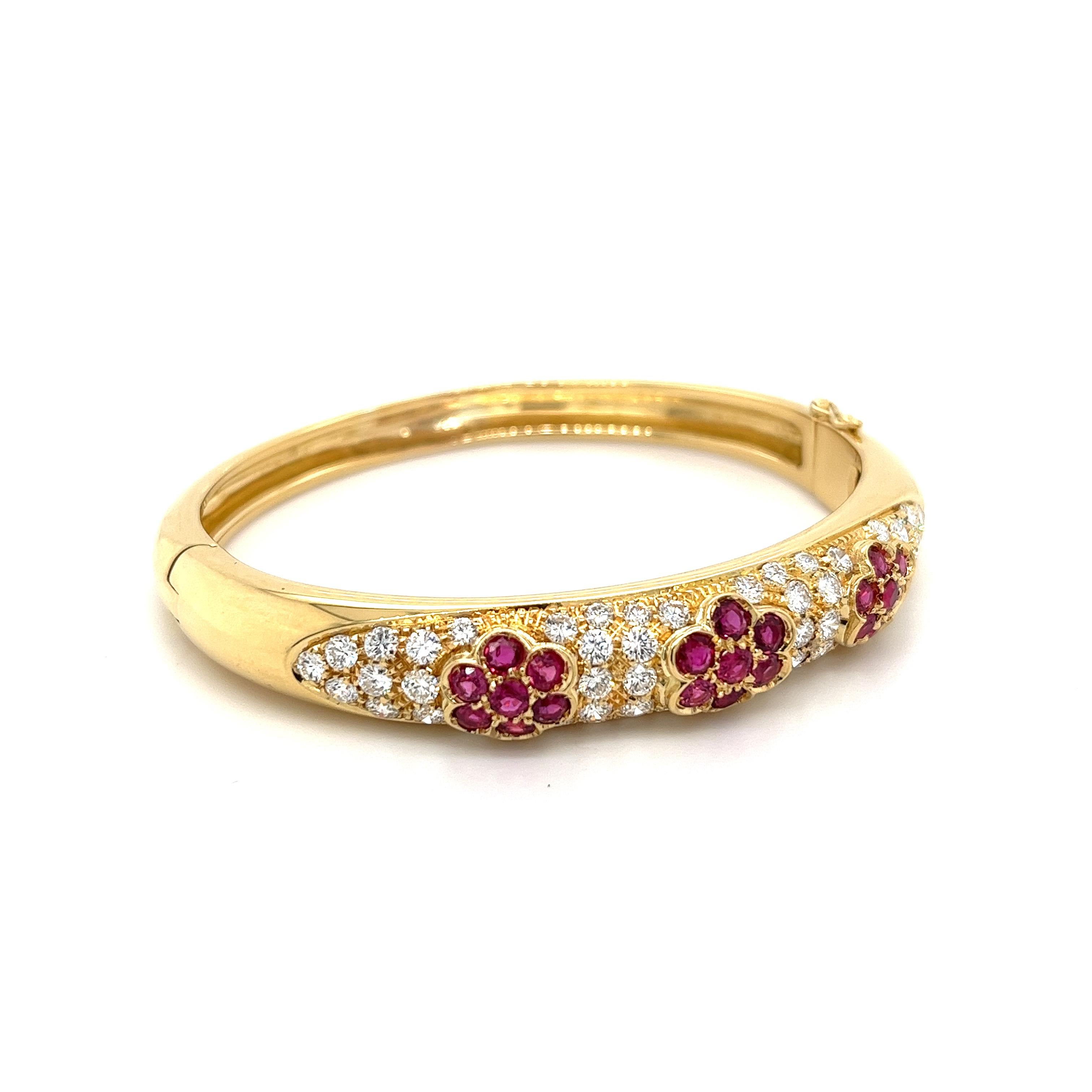 Round Cut Floral Motif Ruby and Diamond Cluster Bangle in 18K Yellow Gold For Sale