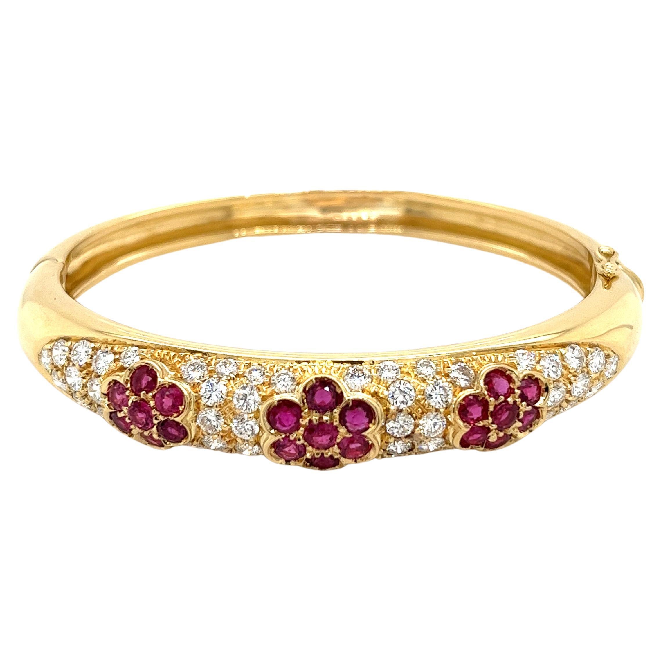 Floral Motif Ruby and Diamond Cluster Bangle in 18K Yellow Gold For Sale