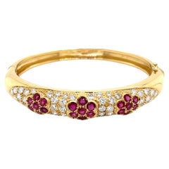 Floral Motif Ruby and Diamond Cluster Bangle in 18K Yellow Gold