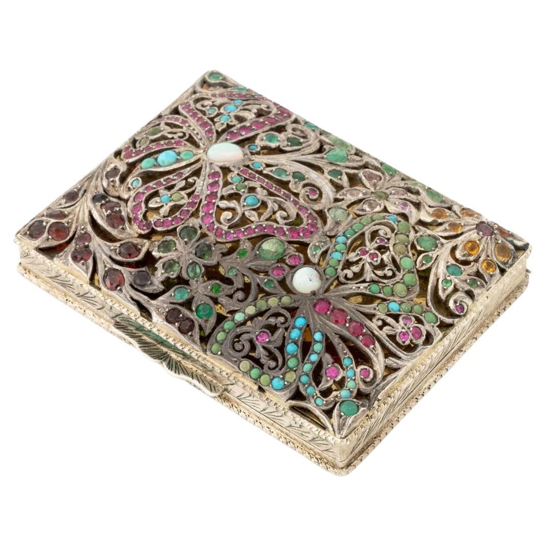 Art Deco 800 Silver Compact with Floral and Butterfly Motif, Gemstones For Sale