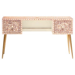 Floral Motif Teak Wood Inlay Desk, Handcrafted by Artisanal