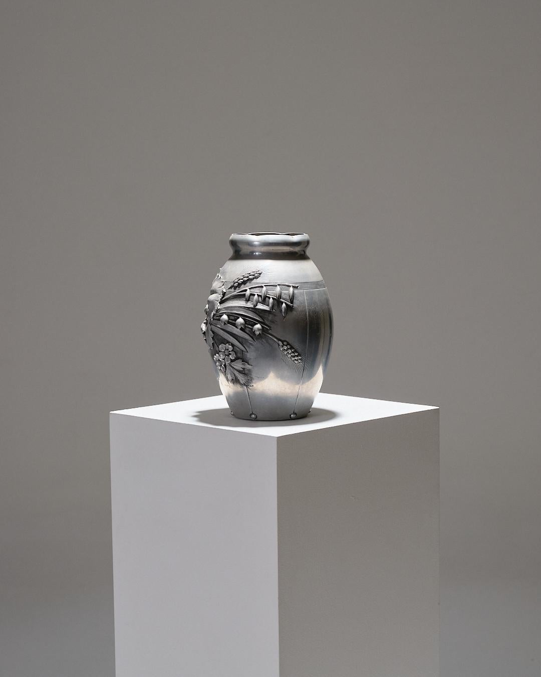 Metal Floral Motif Vase, Art Nouveau, 1920s For Sale