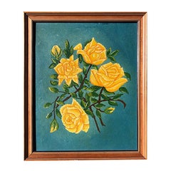 Antique Floral Motif Yellow Citron Rose Painting Blue Background Wooden Frame Chintz