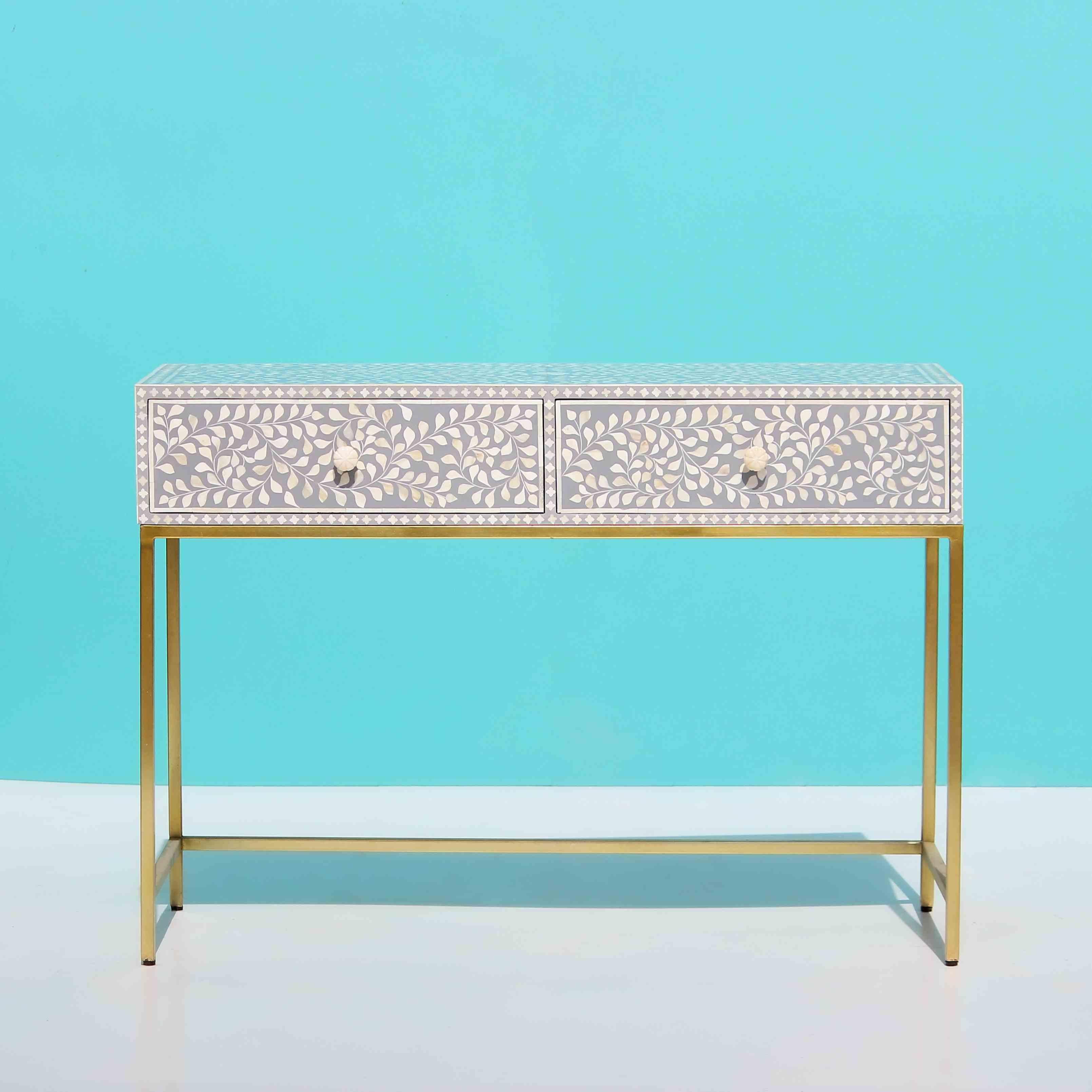 Floral Motifs Bone Inlay Console Table For Sale