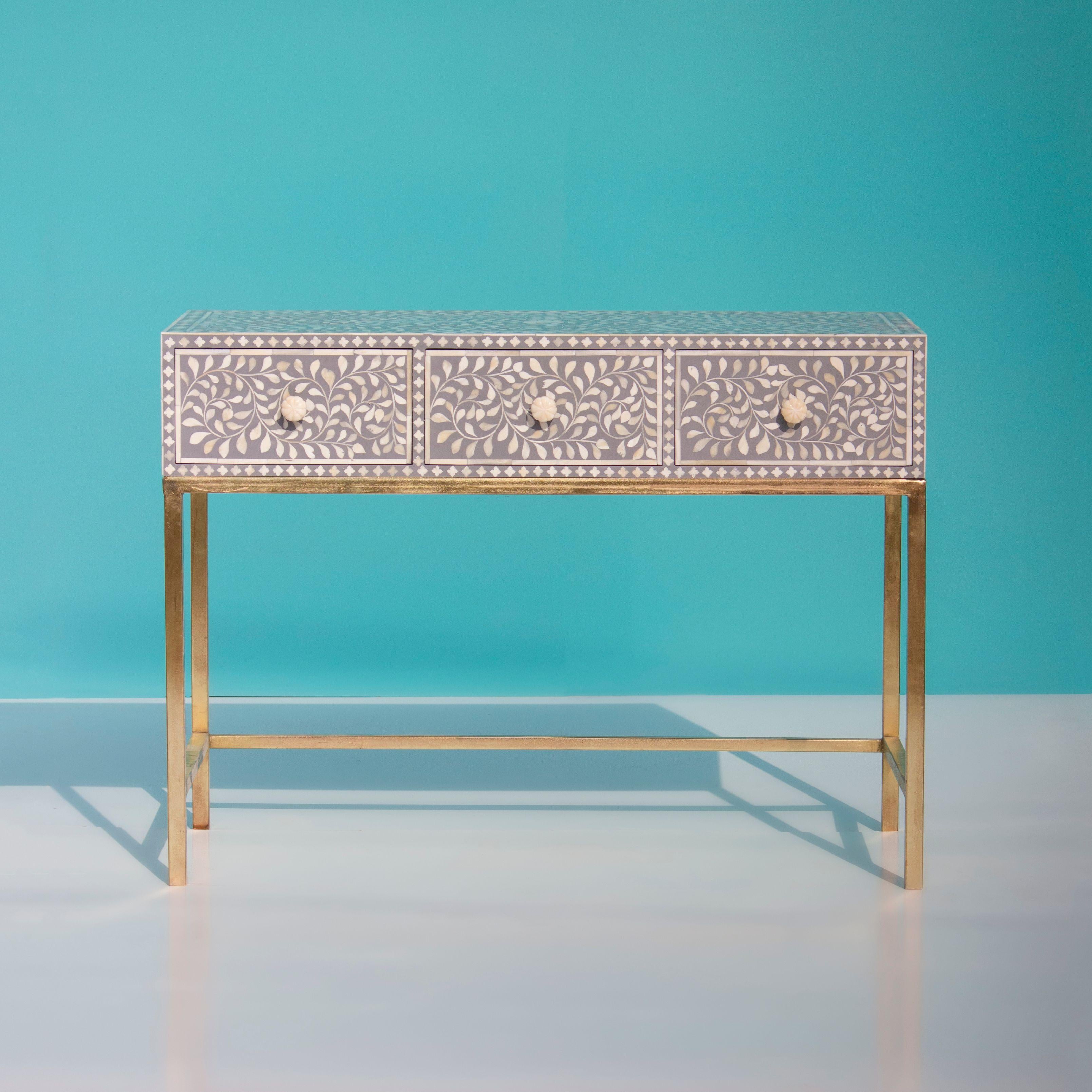 Indian Floral Motifs Grey Console Table For Sale