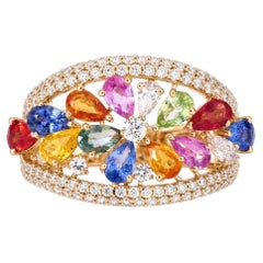 Floral Multicolor Sapphire Natural Diamond Ring in 14k Solid Gold (Certified)