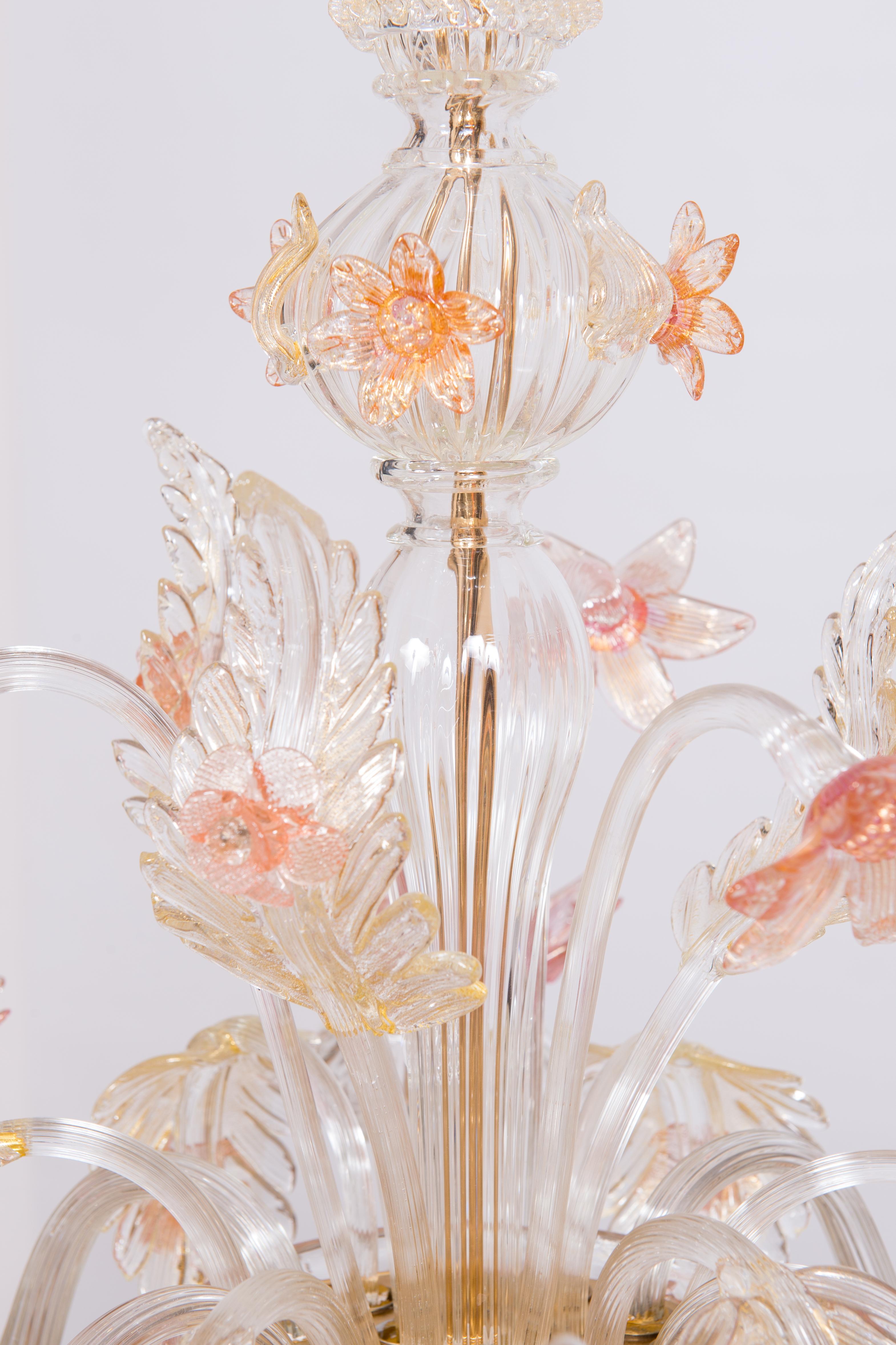 Floral Murano Glass Chandelier Pink and Gold Vintage Murano Gallery, Italy 1