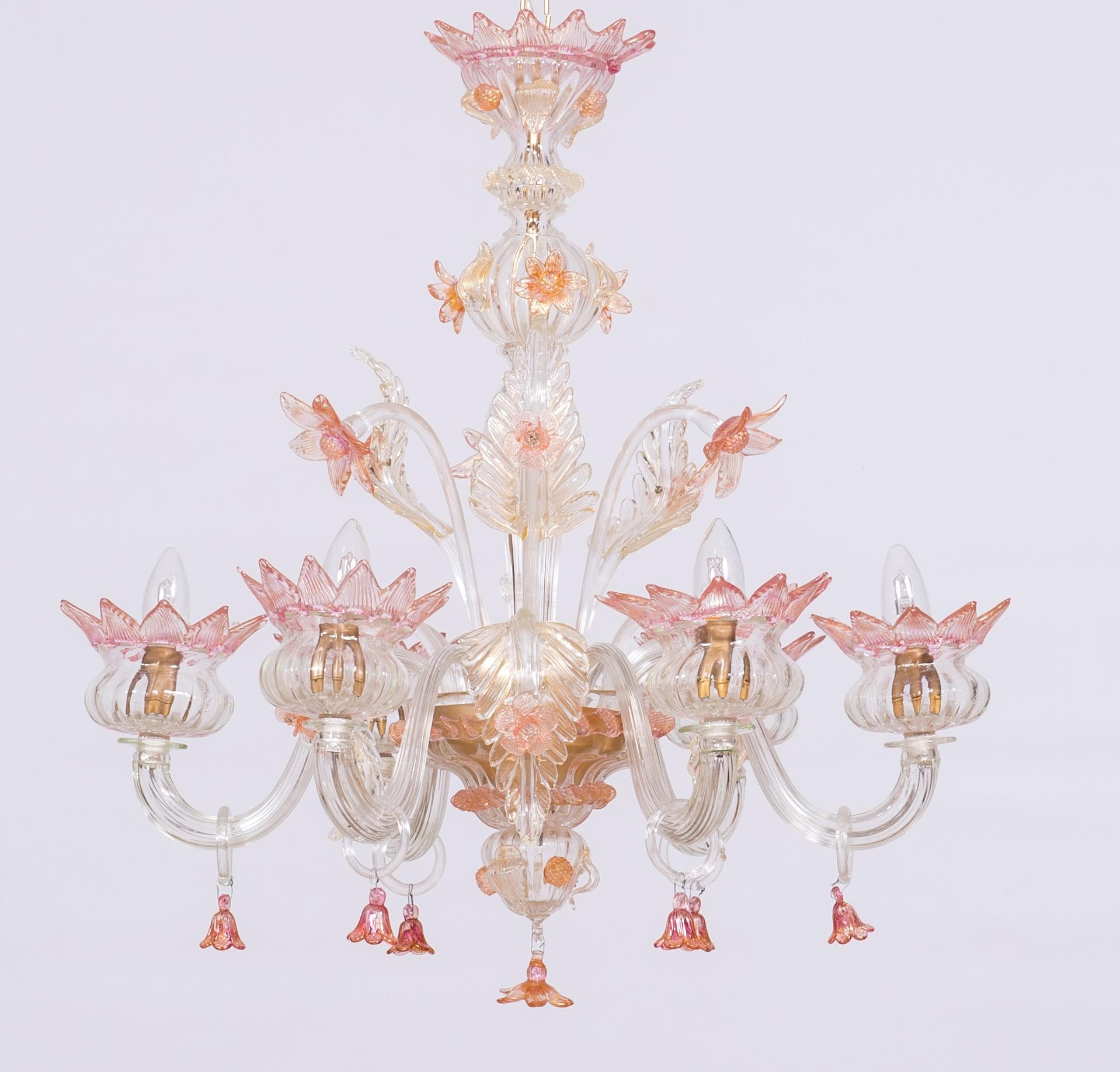 Elegant Contemporary Floral Murano Glass Chandelier Pink and Gold Vintage Murano Gallery, Italy.
This fine chandelier, handcrafted in the Island of Murano (Italy Venice area), stands out for its colorful floral decorations that are enhanced by a