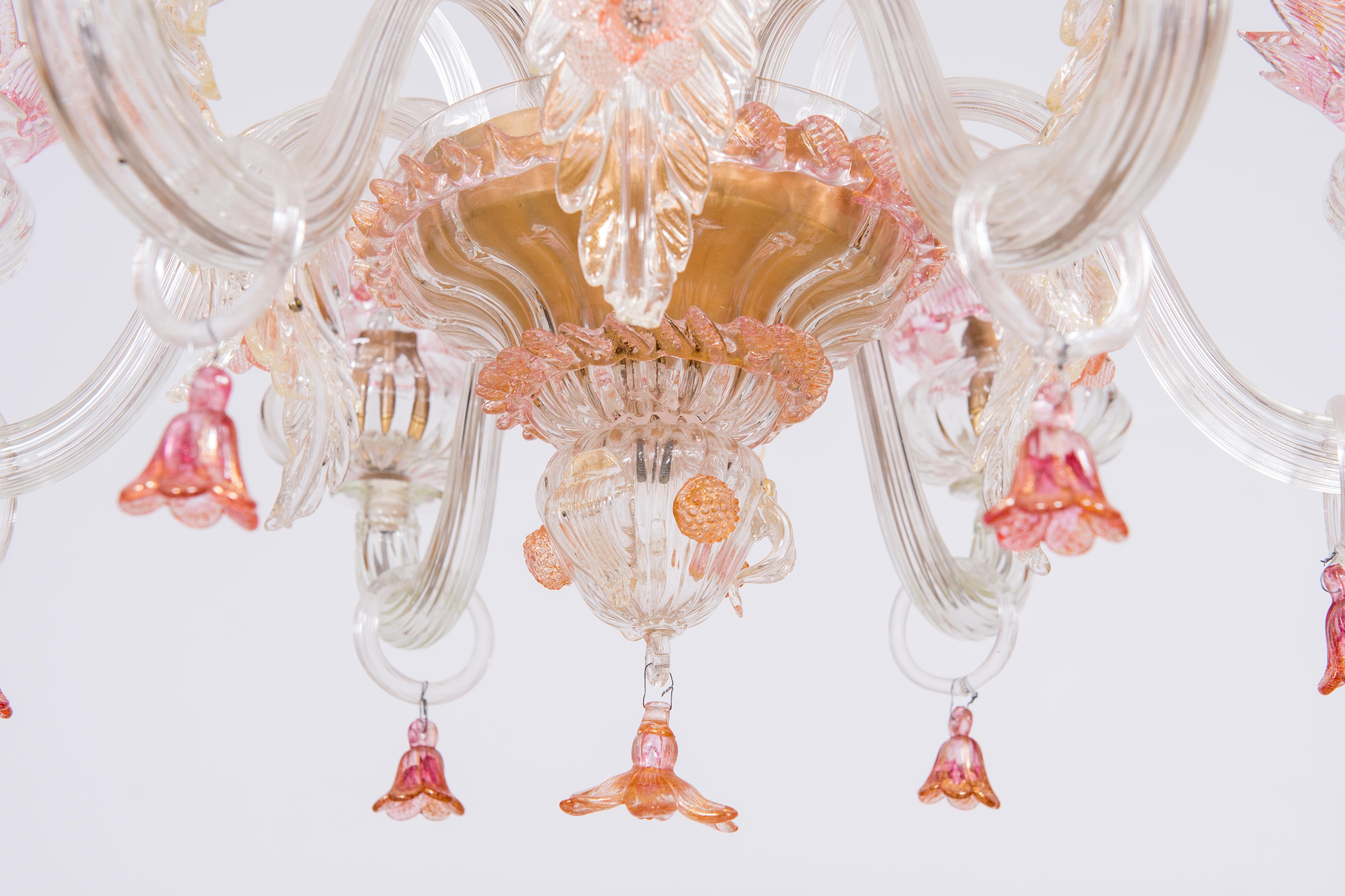 Italian Floral Murano Glass Chandelier Pink and Gold Vintage Murano Gallery, Italy