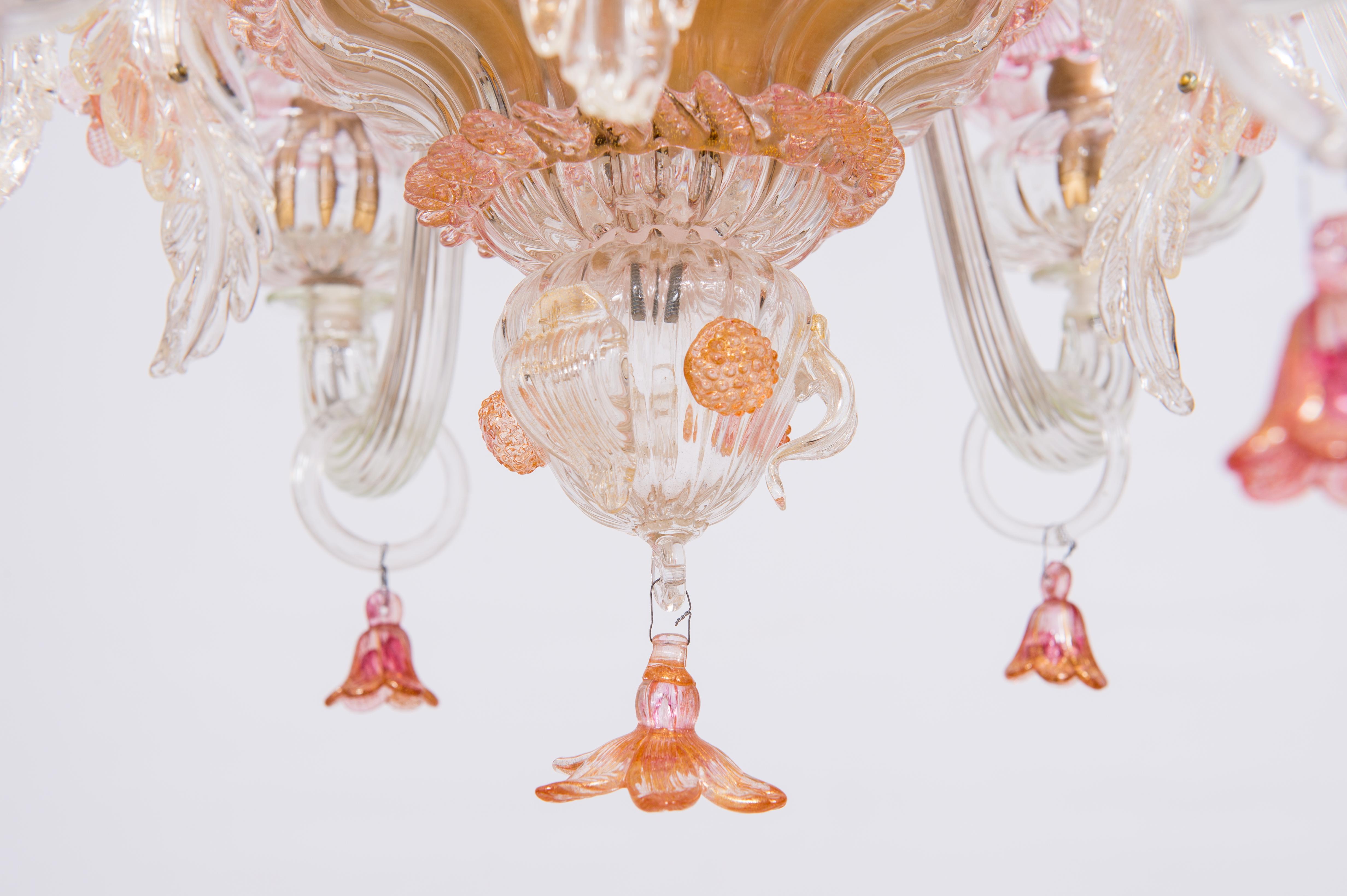 Floral Murano Glass Chandelier Pink and Gold Vintage Murano Gallery, Italy In Excellent Condition In Villaverla, IT