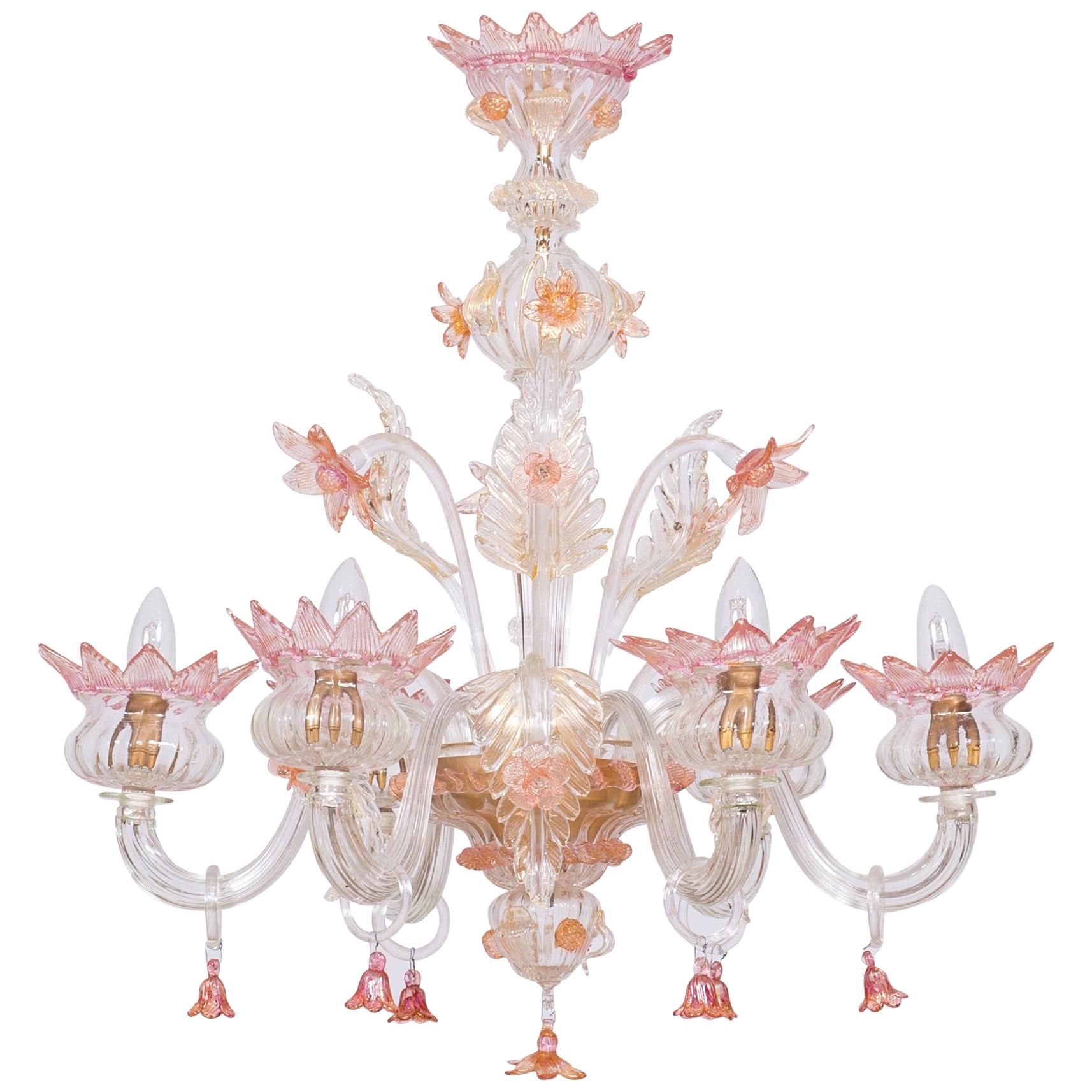 Floral Murano Glass Chandelier Pink and Gold Vintage Murano Gallery, Italy