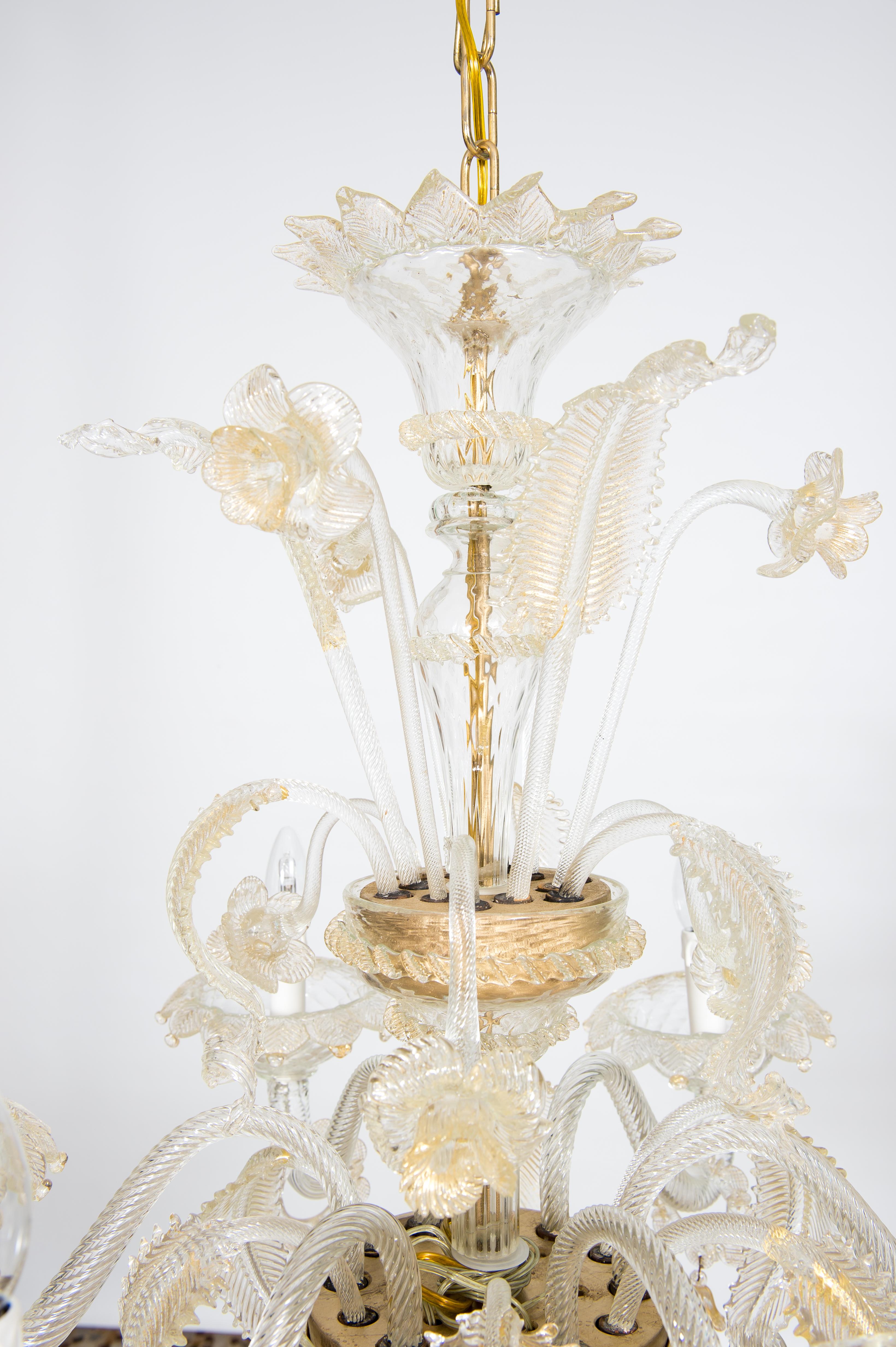 Italian Floral Murano Glass Chandelier with “Riga Dritta” Decorations, 20th Century