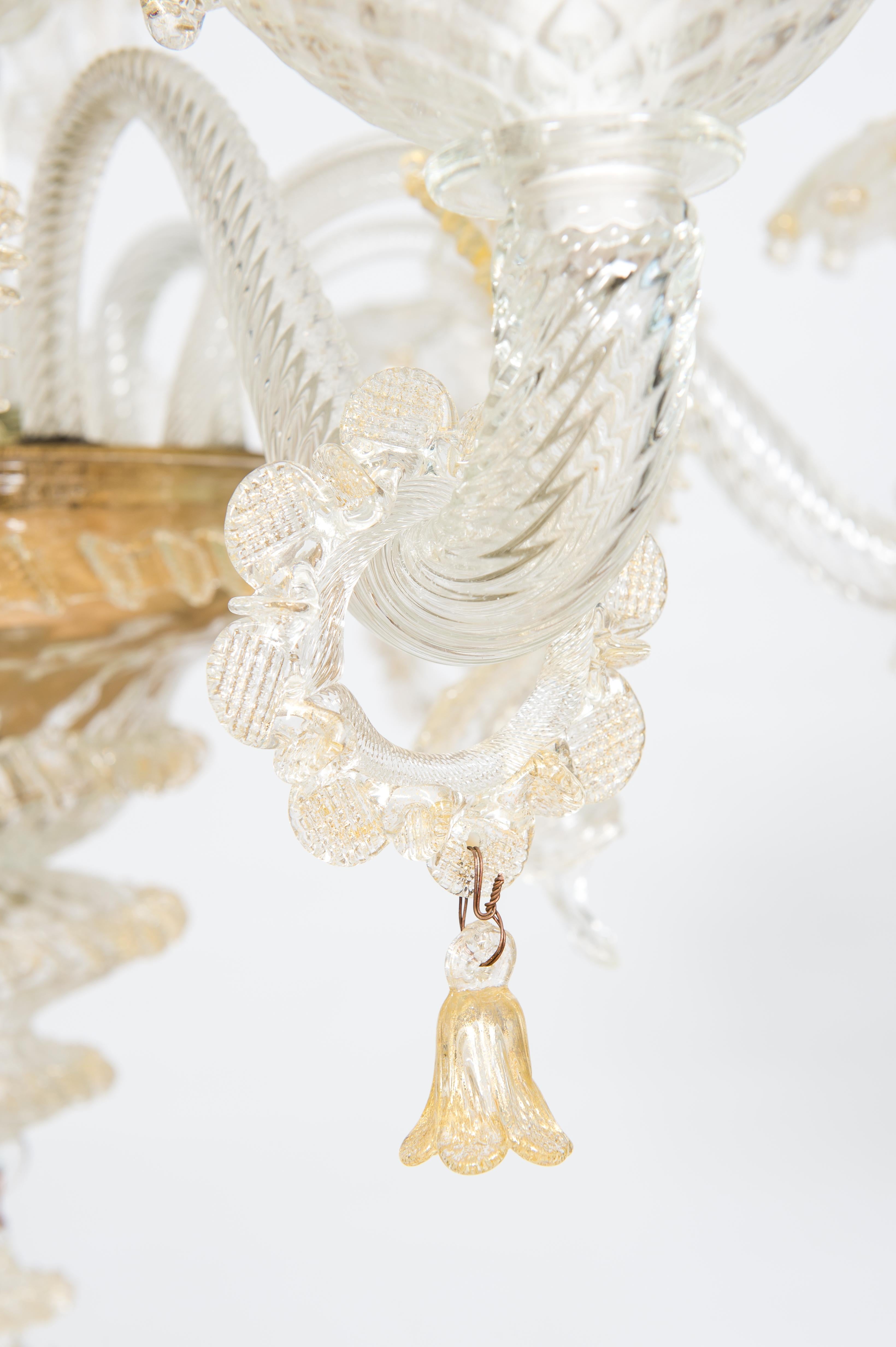 Gold Floral Murano Glass Chandelier with “Riga Dritta” Decorations, 20th Century