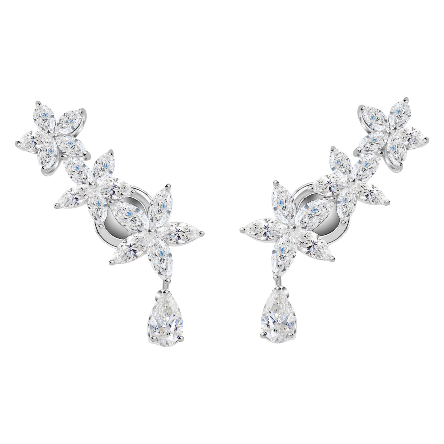 Natural Diamond Floral Ear Climber Drop Earrings 2.97 Carats in 18K White Gold