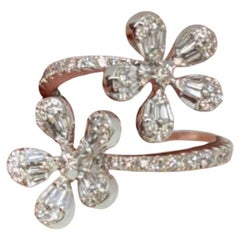 Floral Natural Diamond Bypass Ring in 14K Solid Gold (Certified)
