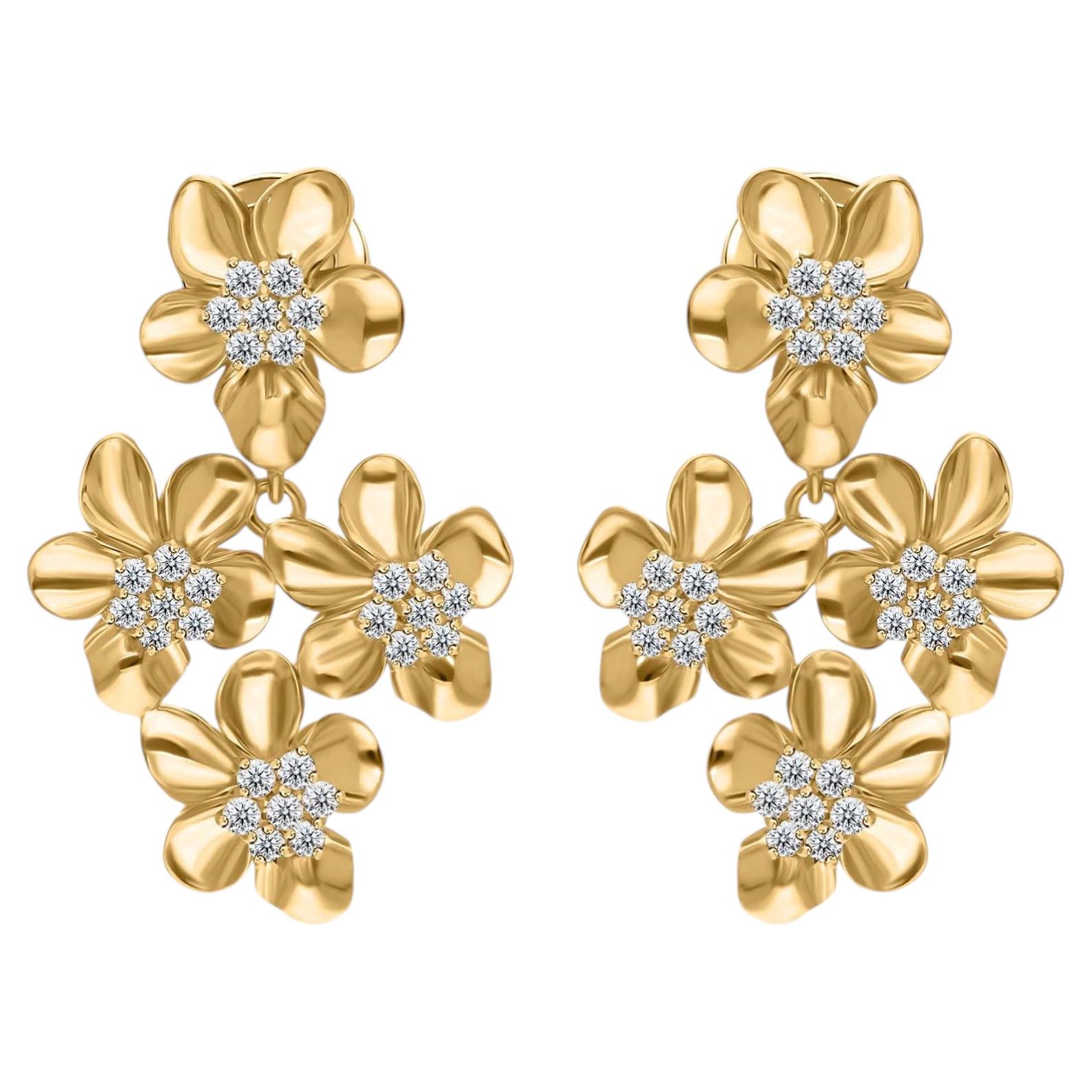 Floral Natural Diamond Drop Earrings 14K Yellow Gold Statement Jewelry