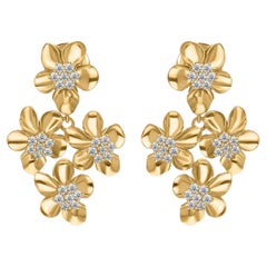 Floral Natural Diamond Drop Earrings 14K Yellow Gold Statement Jewelry