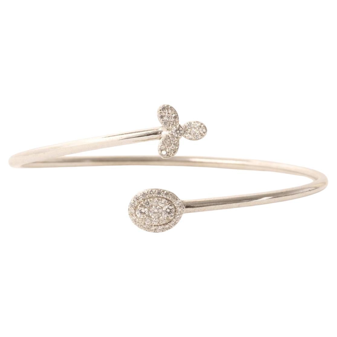 Floral Natural Diamond Open Cuff Bracelet in 14K Solid Gold (Certified) For Sale