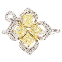 Floral Natural Fancy Yellow Diamond Medley Ring in 18k Solid Gold (Certified)