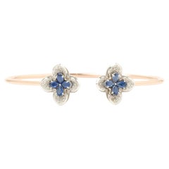 Floral Natural Sapphire & Diamond Open Bracelet in 14K Solid Gold (Certified)