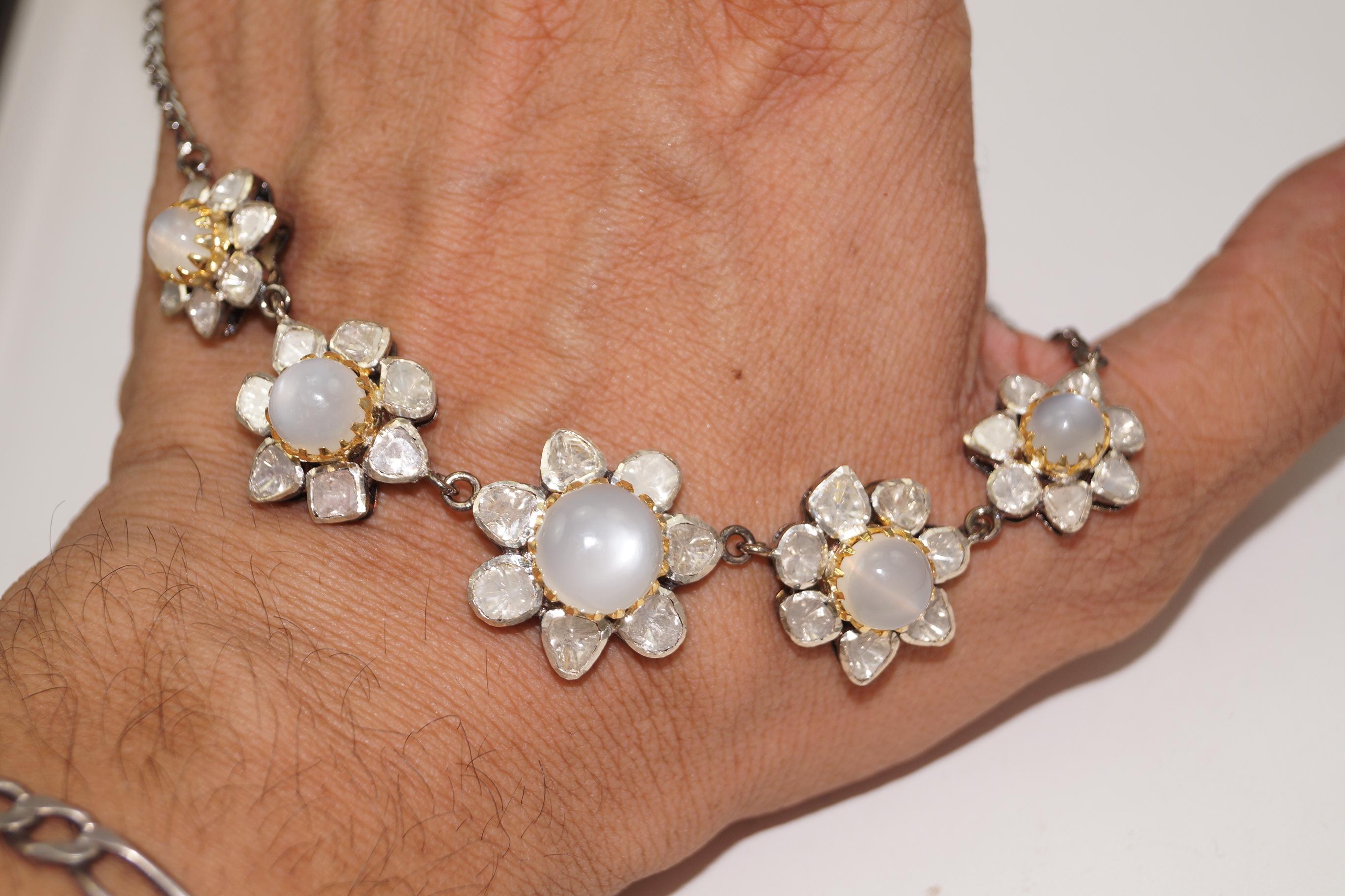 Art Nouveau IGI certified Natural Uncut Diamonds moonstone Sterling silver necklace set For Sale