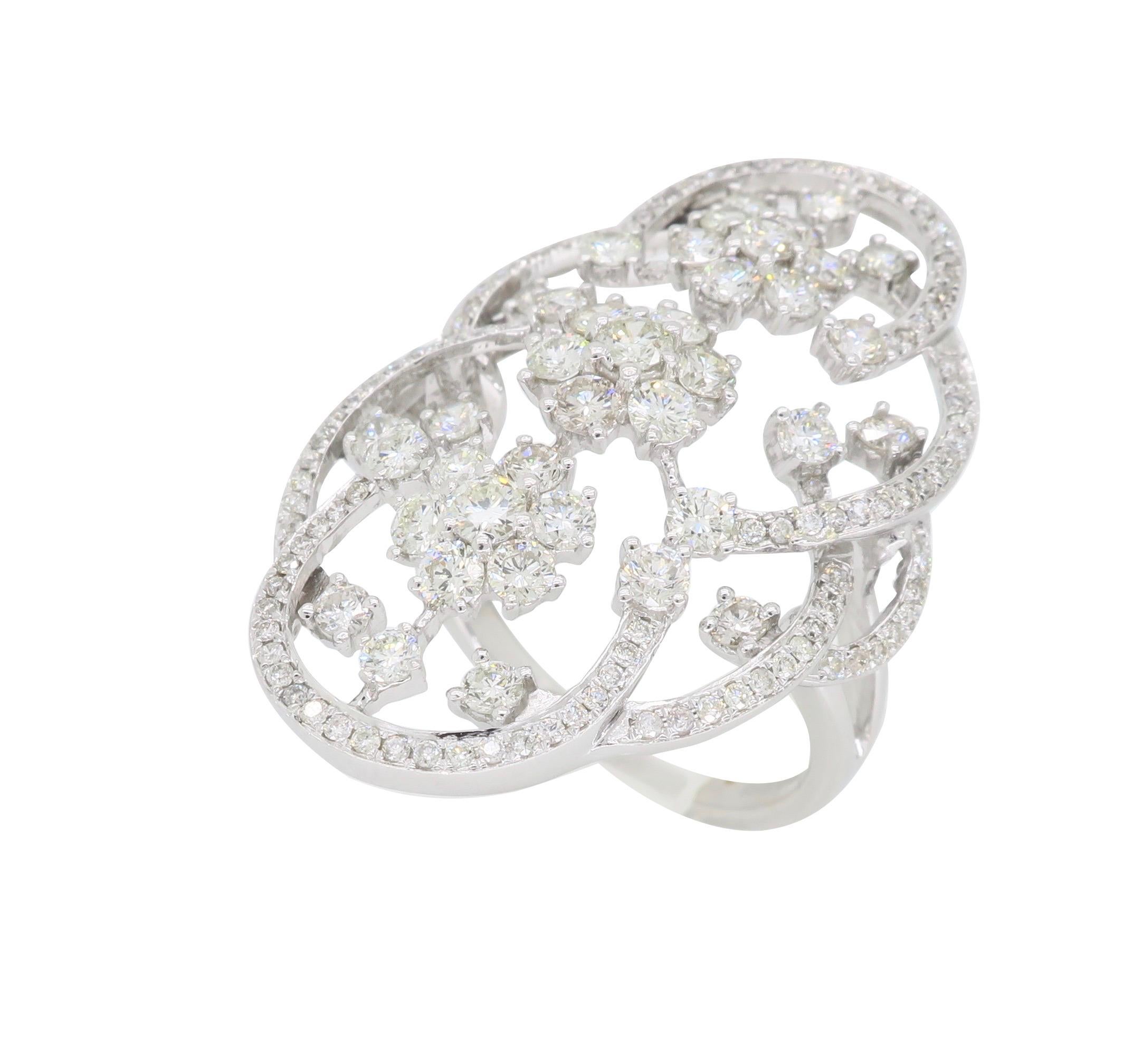 Round Cut Floral Navette Style Diamond Ring in 18 Karat White Gold