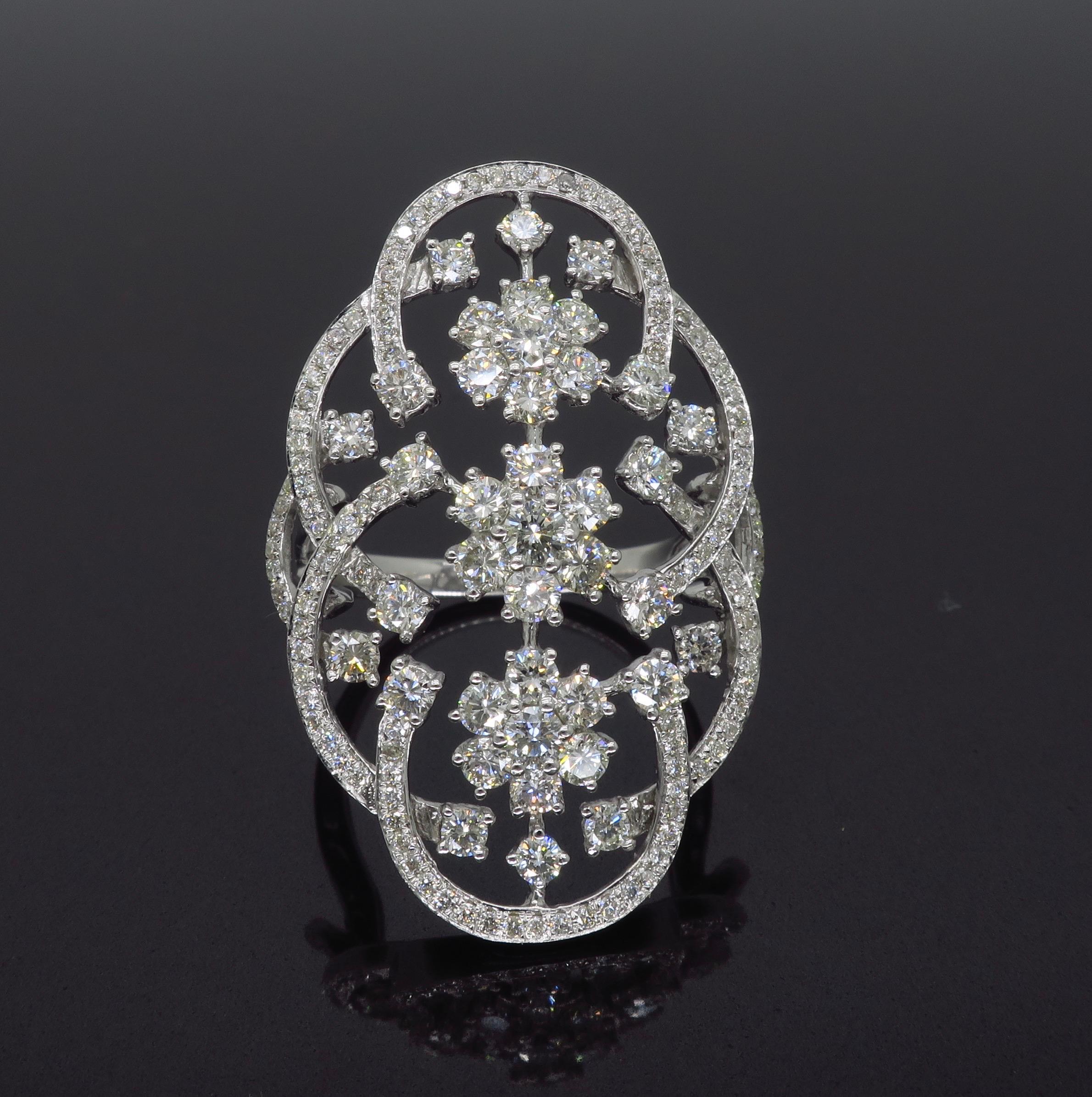 Women's or Men's Floral Navette Style Diamond Ring in 18 Karat White Gold