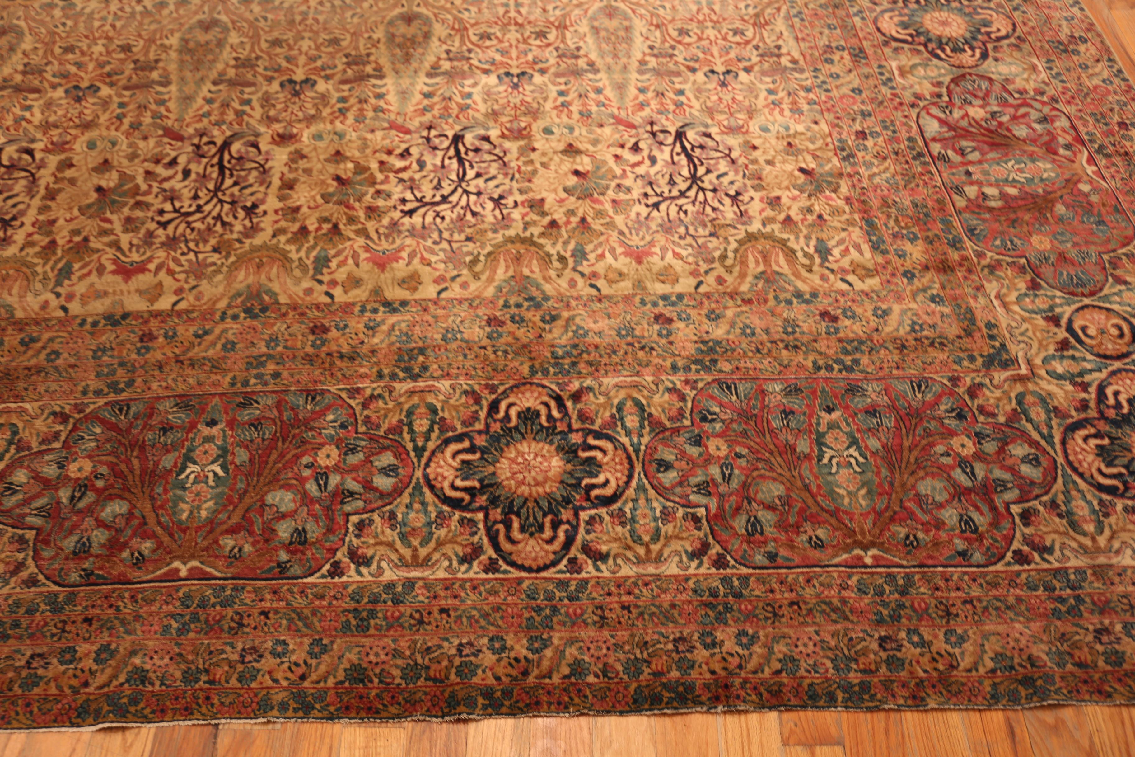 Large Ornate Floral Patterned and Cyprus Tree Design Signed Antique Persian Kerman Rug, Country of Origin: Persian, Circa Date: 1880