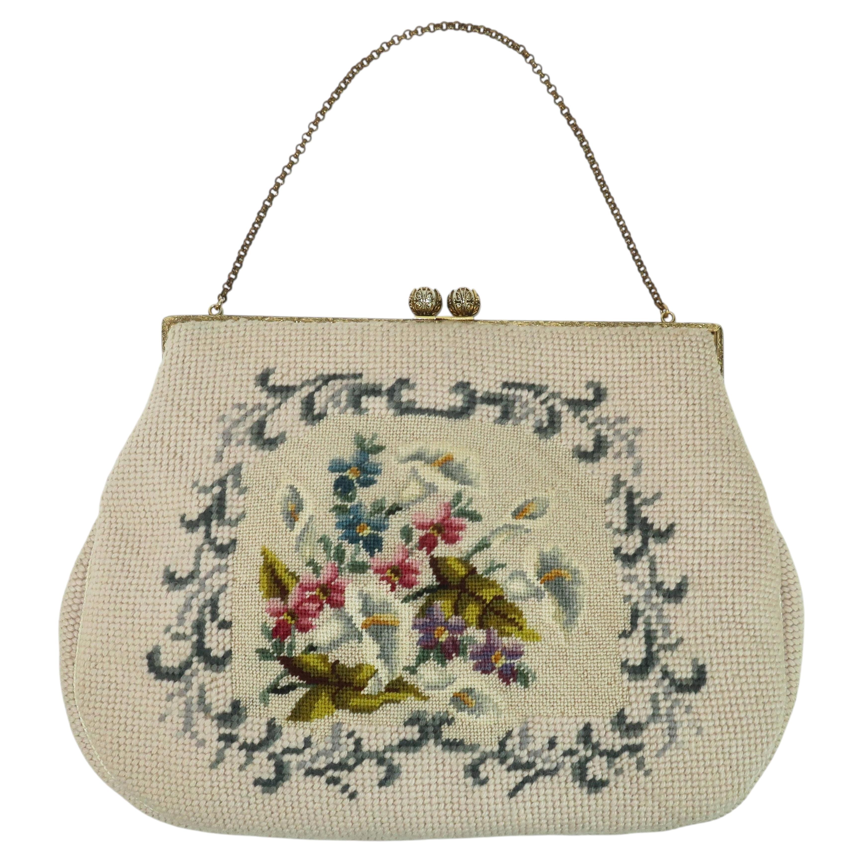 Floral Needlepoint Top Handle Handbag, 1950's