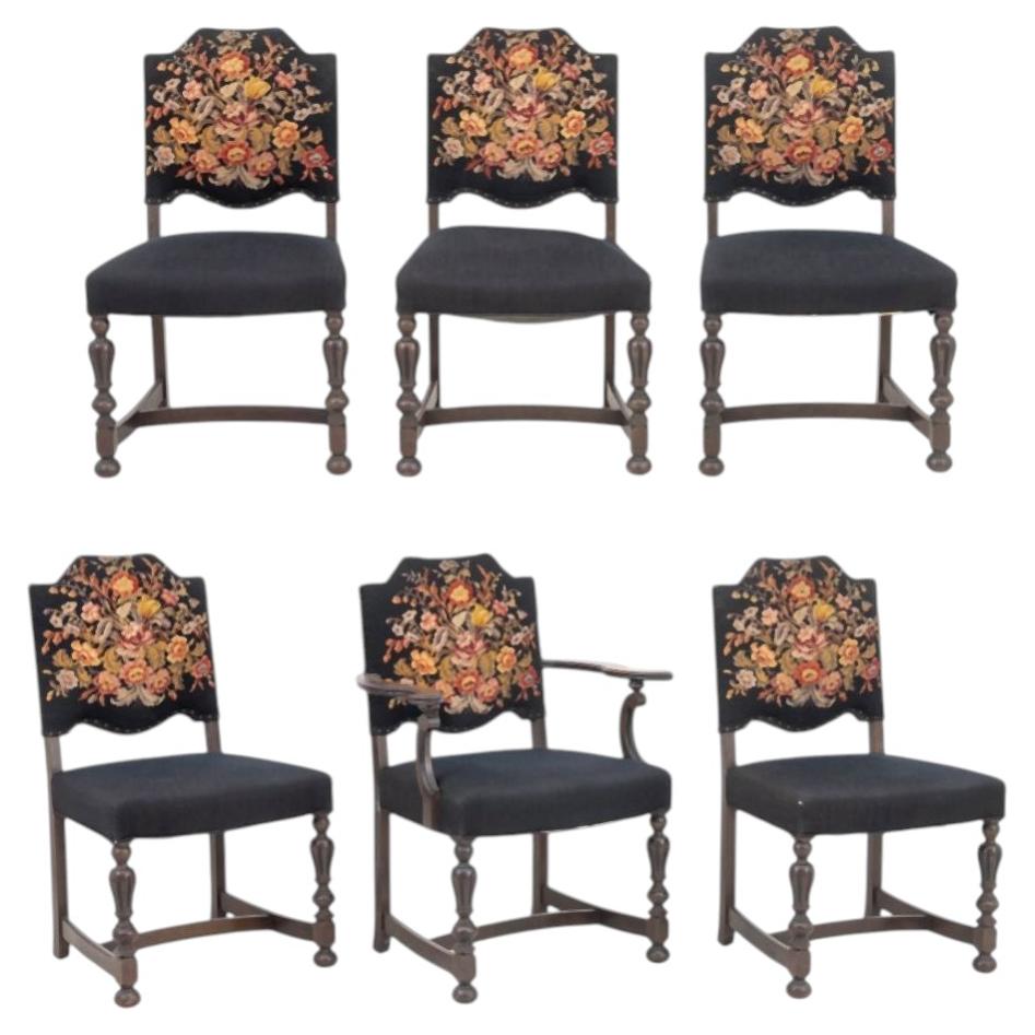 Set of Six Floral Needlepoint Upholstered Walnut Dining Chairs For Sale