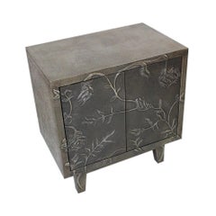 Floral Nightstand Hand Hammered Antiqued White Metal Over Wood