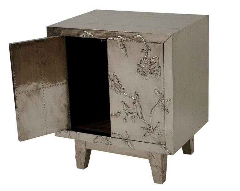 Floral Nightstand in White Bronze Over MDF Handcrafted In India For Sale 2