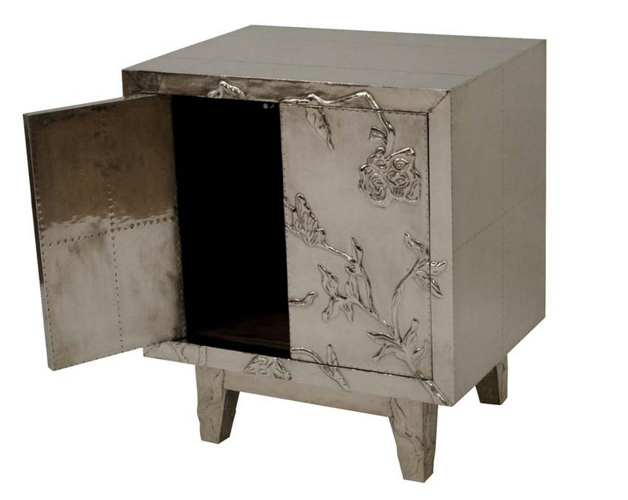 Floral Nightstand in White Bronze Clad Over Teak Wood Handcrafted In India For Sale 1