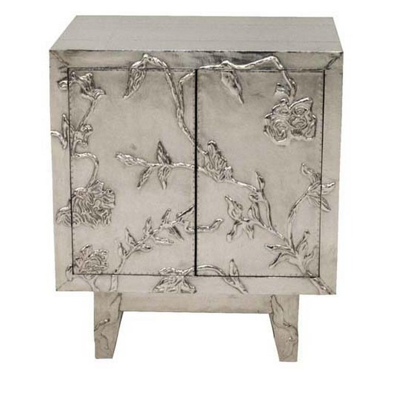 Floral Nightstand in White Bronze Over MDF Handcrafted In India For Sale 3