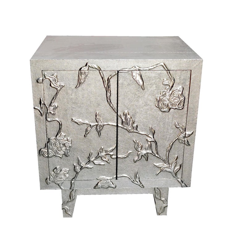 Other Floral Nightstand in White Bronze Over MDF Handcrafted In India For Sale