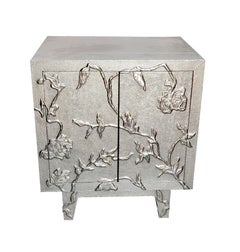 Floral Nightstand in White Bronze Clad Over Teak Wood Handcrafted In India