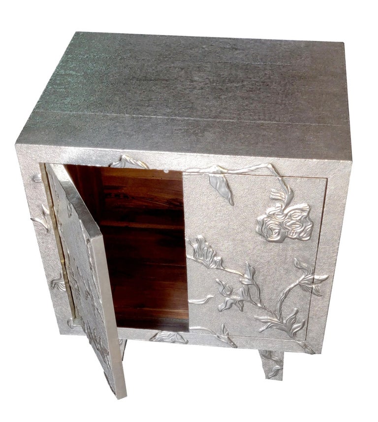 American Floral Nightstand in White Bronze Over MDF Handcrafted In India For Sale