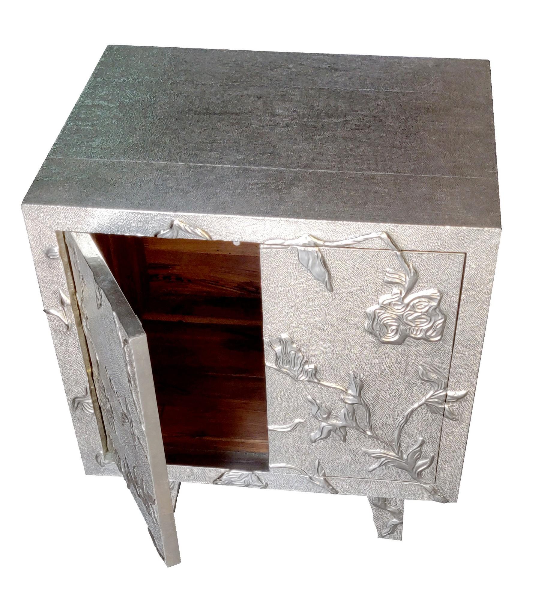 Floral Nightstand in White Bronze Clad Over Teak Wood Handcrafted In India In New Condition For Sale In New York, NY