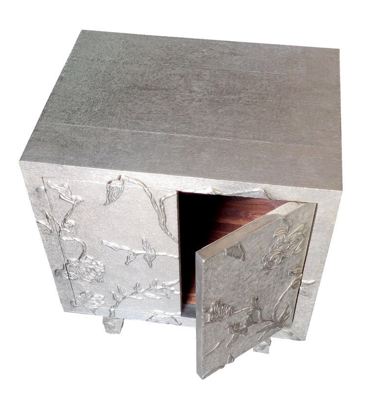 Hand-Carved Floral Nightstand in White Bronze Over MDF Handcrafted In India For Sale